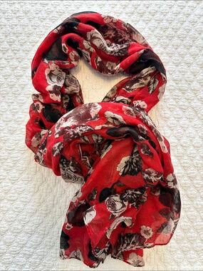 Lord & Taylor Floral Polyester Scarf in Red & Black Brown Like New